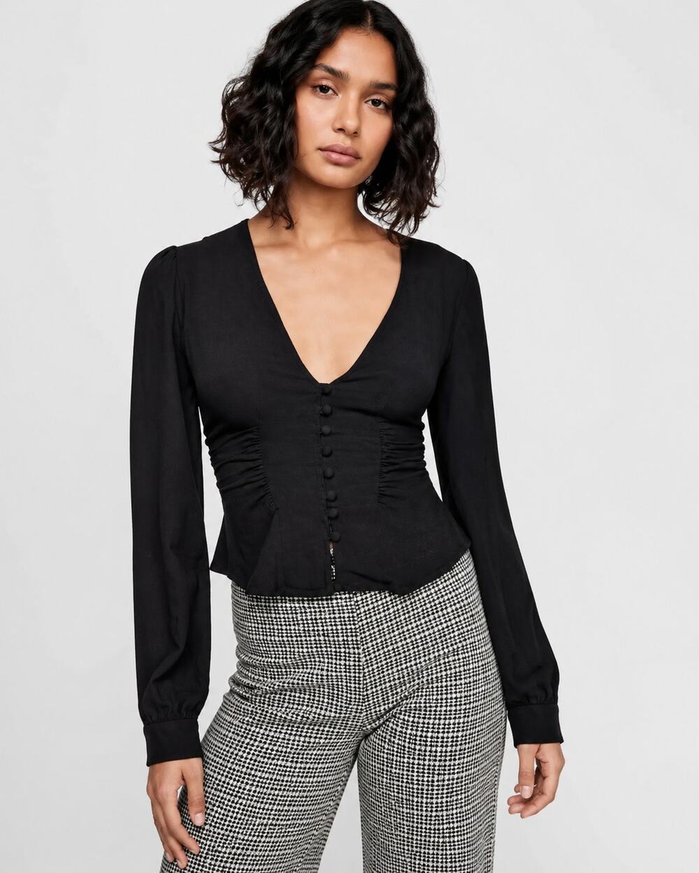 Free People Maise Button Front V-Neck Blouse Black Size Medium